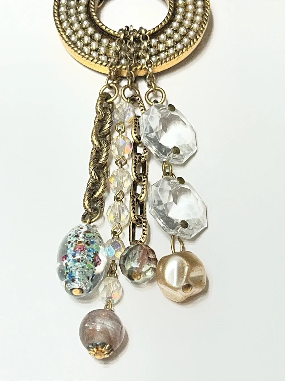 Maximal Art Gold-Tone Brooch by John Wind with Rows of Faux Pearl and Charms
